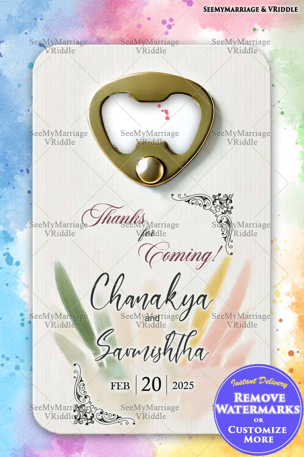 Wedding Thank You Card with Bottle Opener Keepsake and Pastel Watercolor Design