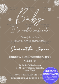 Winter Snowflake Baby Shower Invitation Elegant Brown Theme