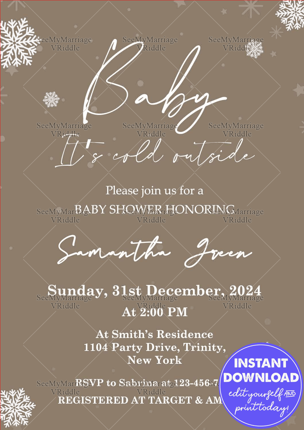 Winter Snowflake Baby Shower Invitation Elegant Brown Theme