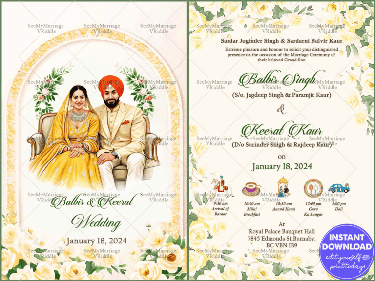 Yellow Floral Indian Wedding with a Clean and Sophisticated Design featuring Couple Illustration and Event Itinerary