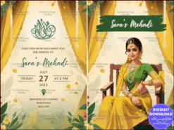 Yellow-Green Mehndi Ceremony Invitation with Yellow Drapes, Traditional Bride Illustration and Floral Accents