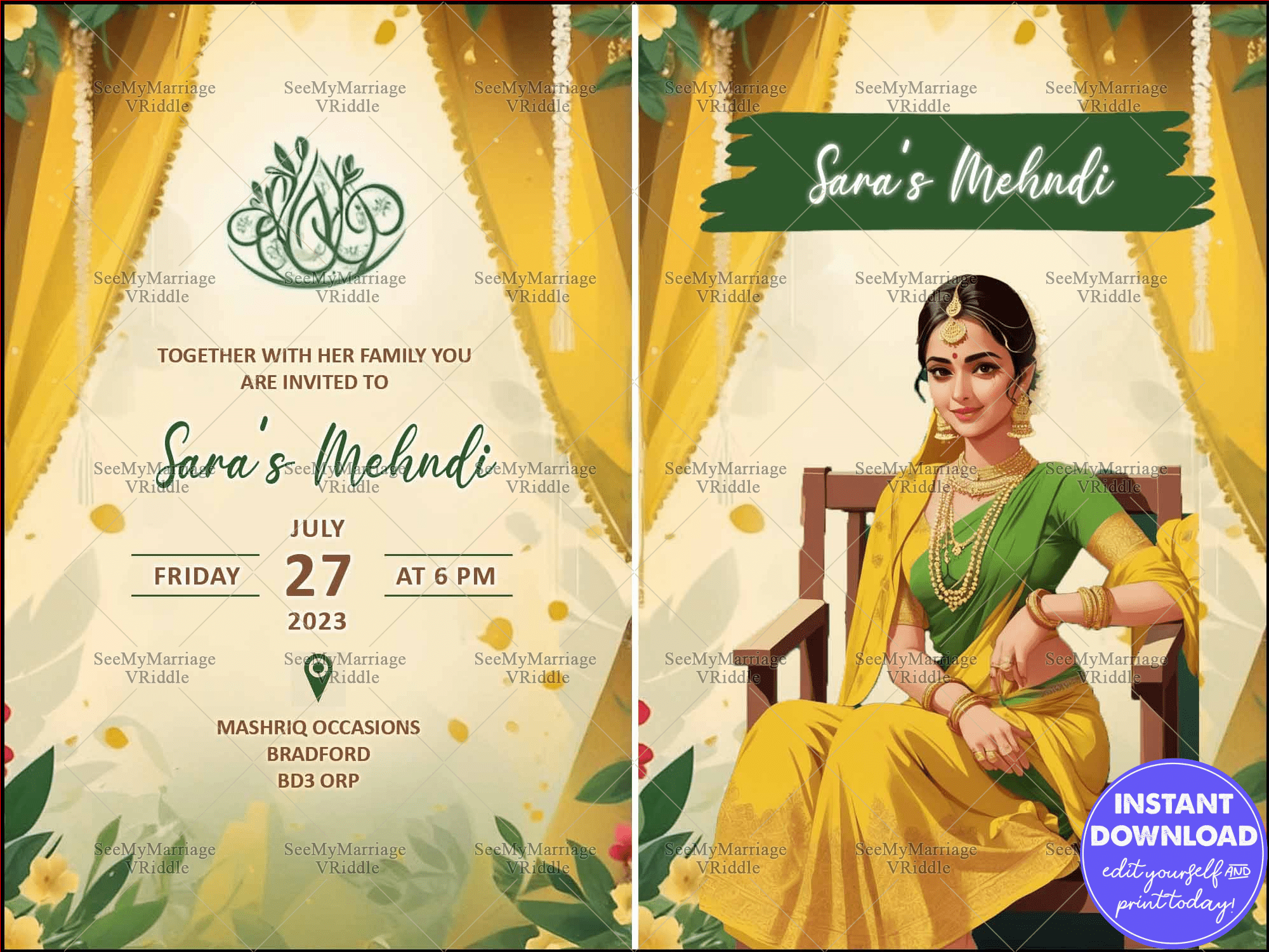 Yellow-Green Mehndi Ceremony Invitation with Yellow Drapes, Traditional Bride Illustration and Floral Accents