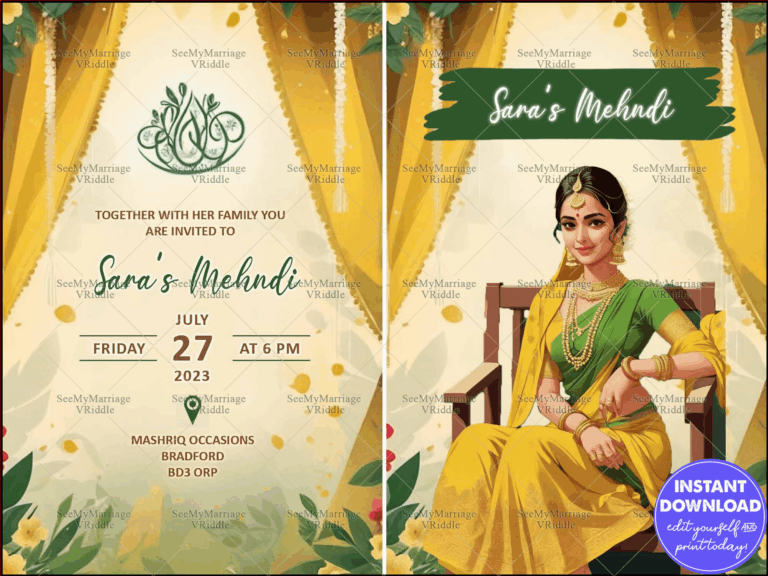 Yellow-Green Mehndi Ceremony Invitation with Yellow Drapes, Traditional Bride Illustration and Floral Accents
