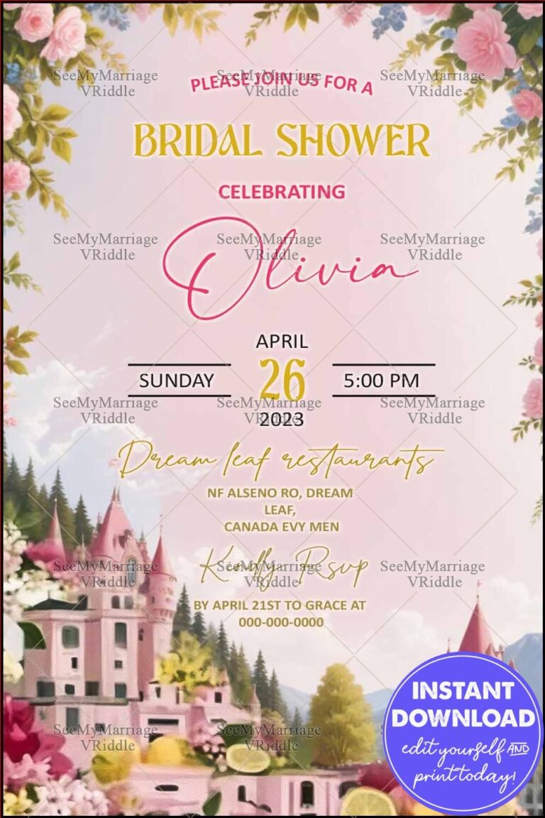 Yellow and Pink Floral Bridal Shower Invitation with Fruits and Architectural Illustrations Background
