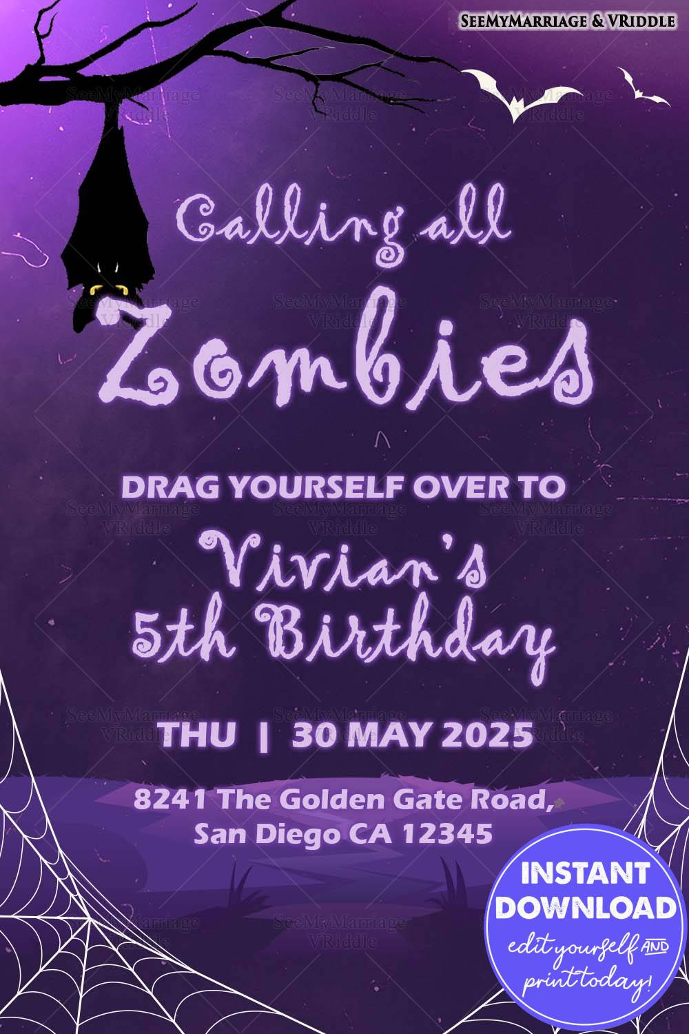 Zombie-Themed 5th Birthday Invitation with Spooky Graphics and Dark Purple Halloween-Inspired Design