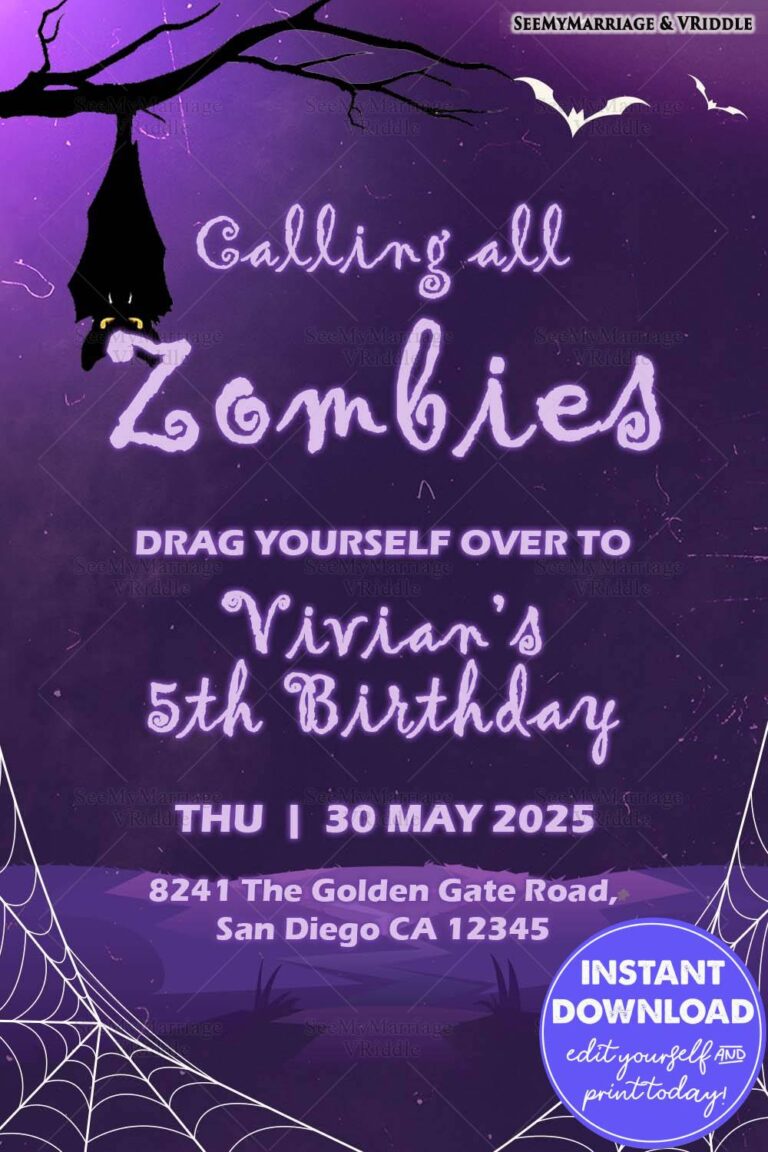Zombie-Themed 5th Birthday Invitation with Spooky Graphics and Dark Purple Halloween-Inspired Design