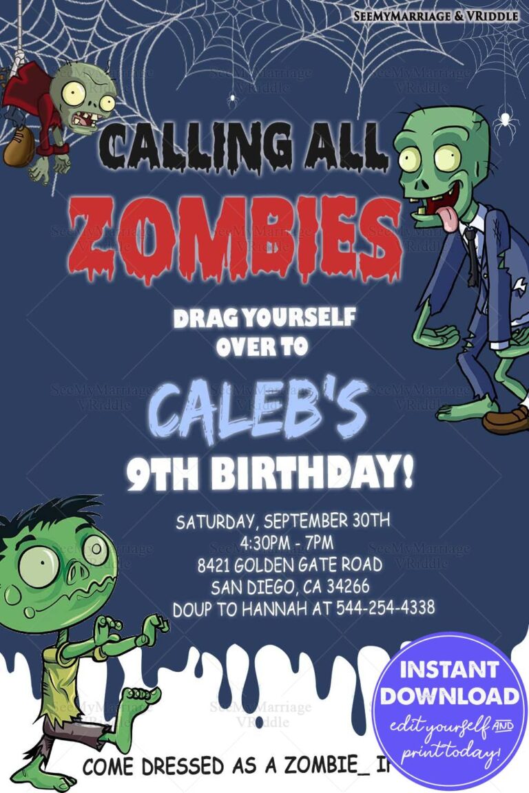 Zombie-Themed 9th Birthday Party Invitation with Spooky Illustrations and Cobwebs