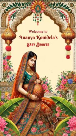 Golden Pillar Gujarati Baby Shower Invitation with Floral Accents