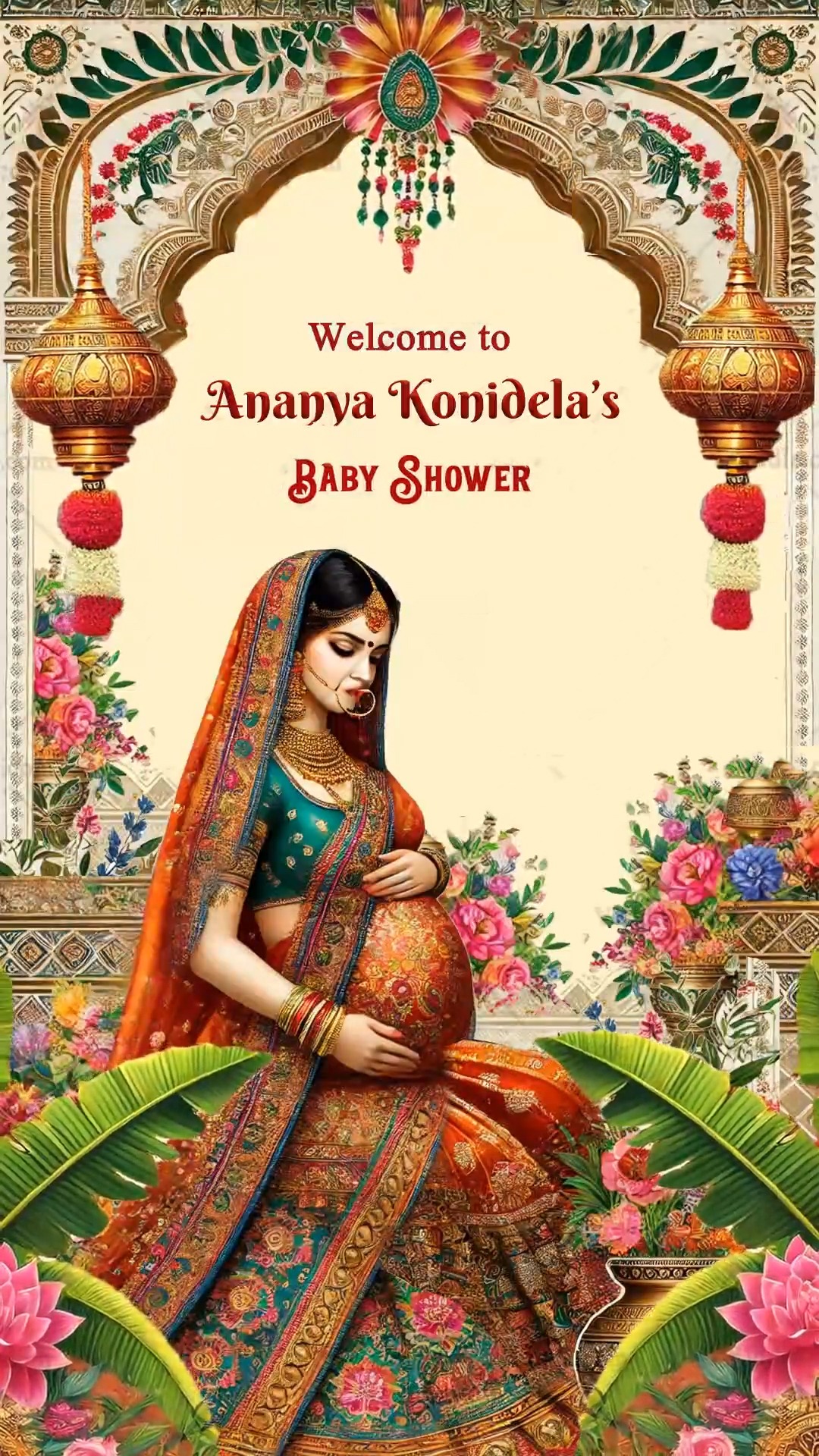 Golden Pillar South Indian Baby Shower Invitation with Floral Accents