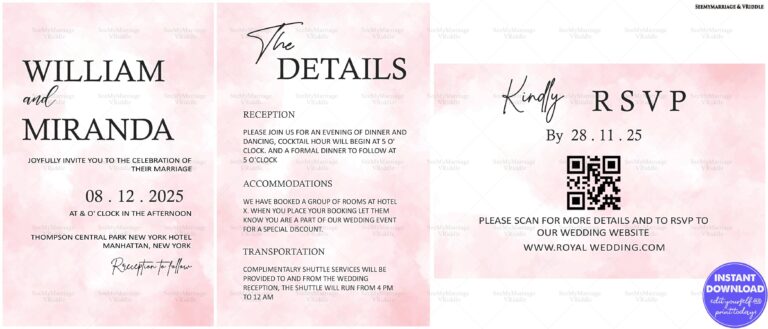 Soft Pink Watercolor Wedding Invitation Suite with Event Details and RSVP QR Code