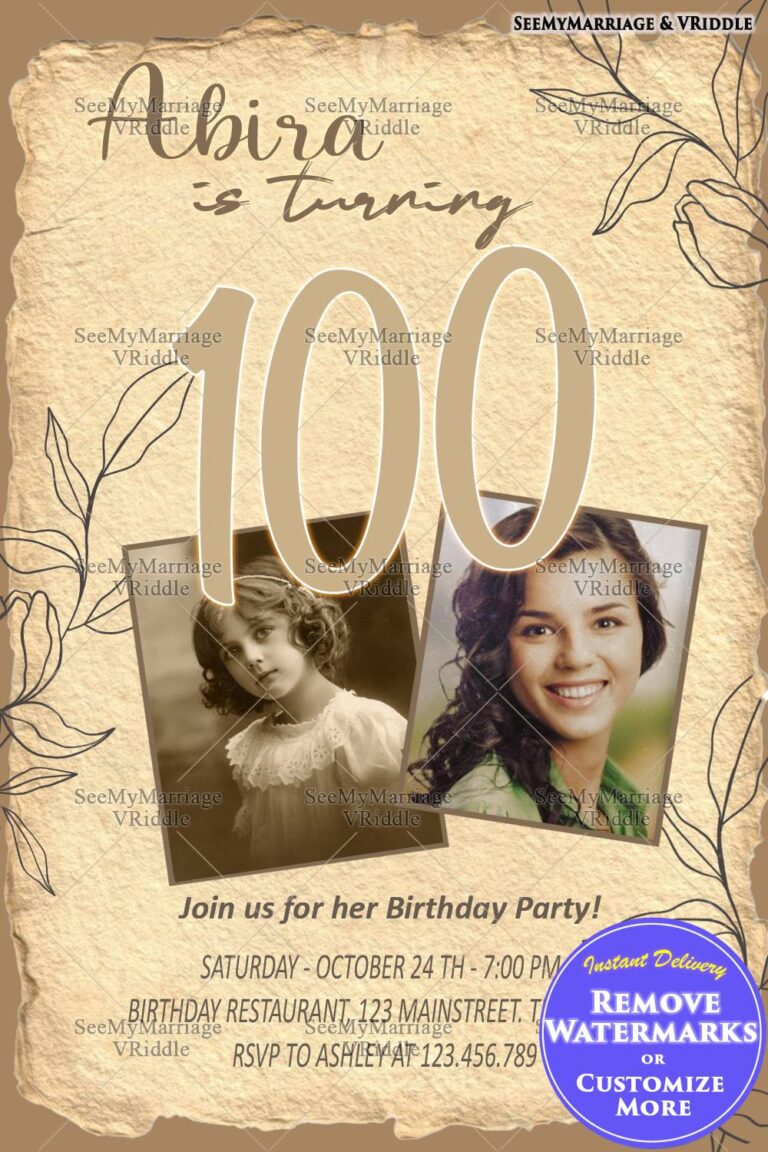 Vintage-Inspired 100th Birthday Celebration Invite with Photos and Floral Touches