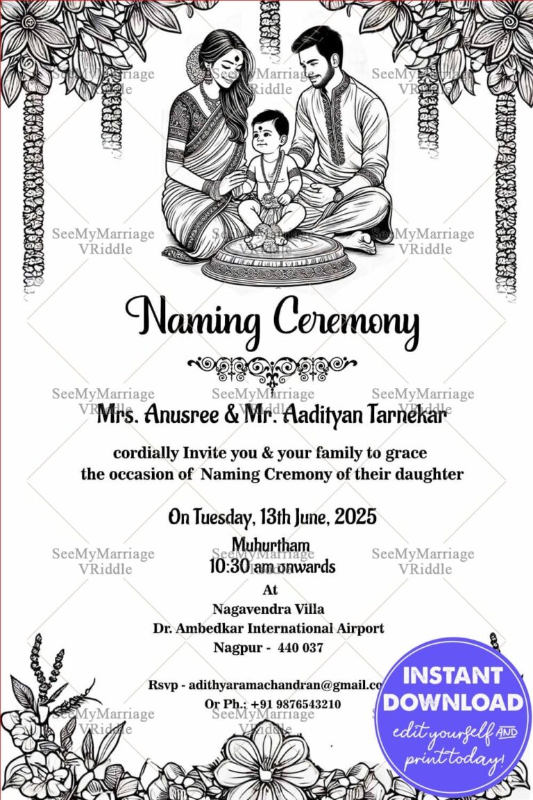 Black & White Theme Naming Ceremony Invitation With Family Illustration and Classic Line-Art