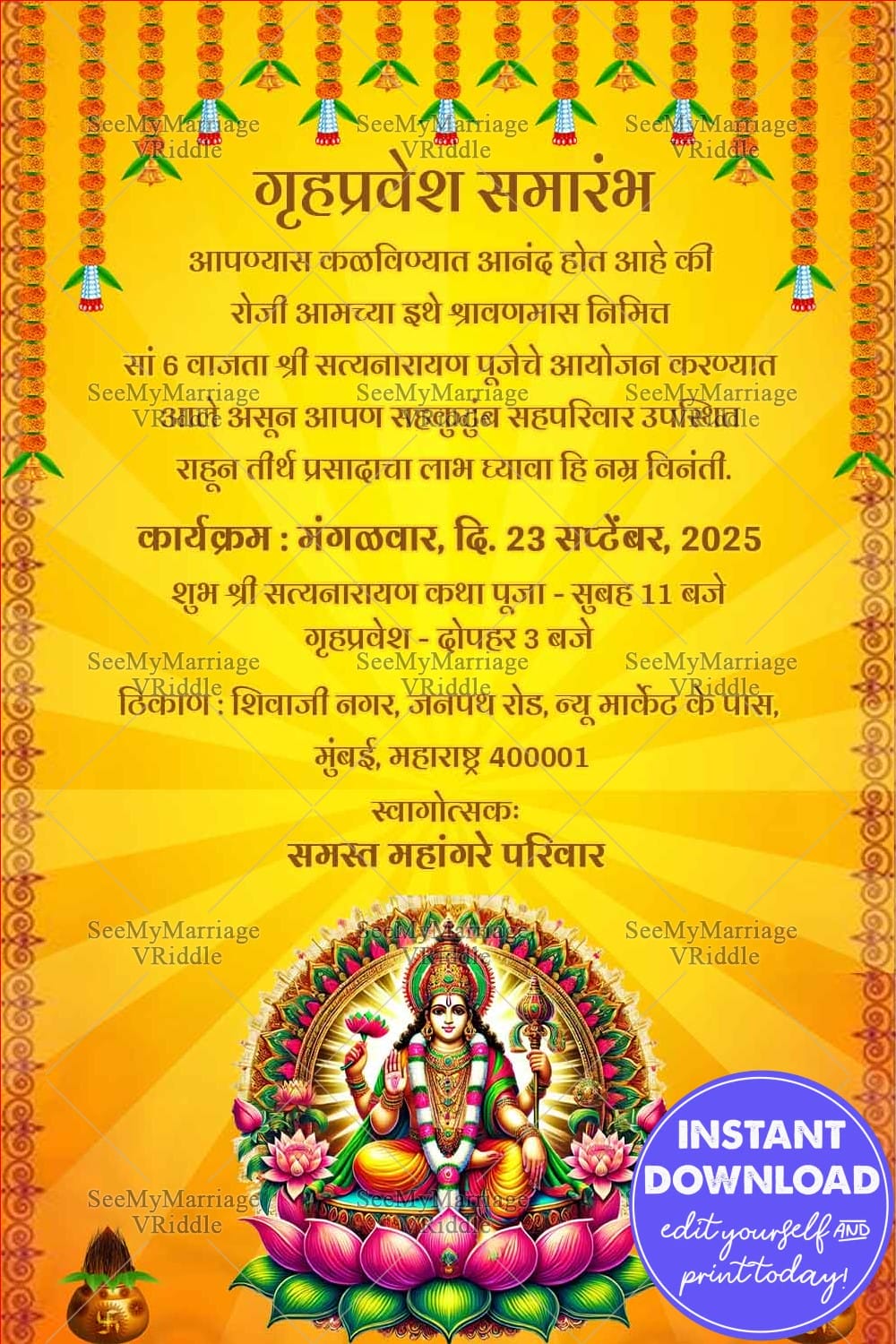 Traditional Grihapravesh Invitation with Satyanarayan Puja Theme and Floral Accents