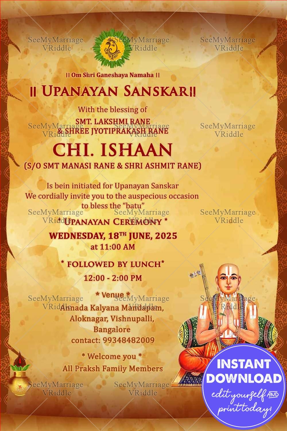Traditional Upanayan Invitation Card Featuring Priest Illustration With Warm Orange Design