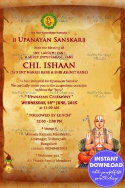 Traditional Upanayan Invitation Card Featuring Priest Illustration With Warm Orange Design