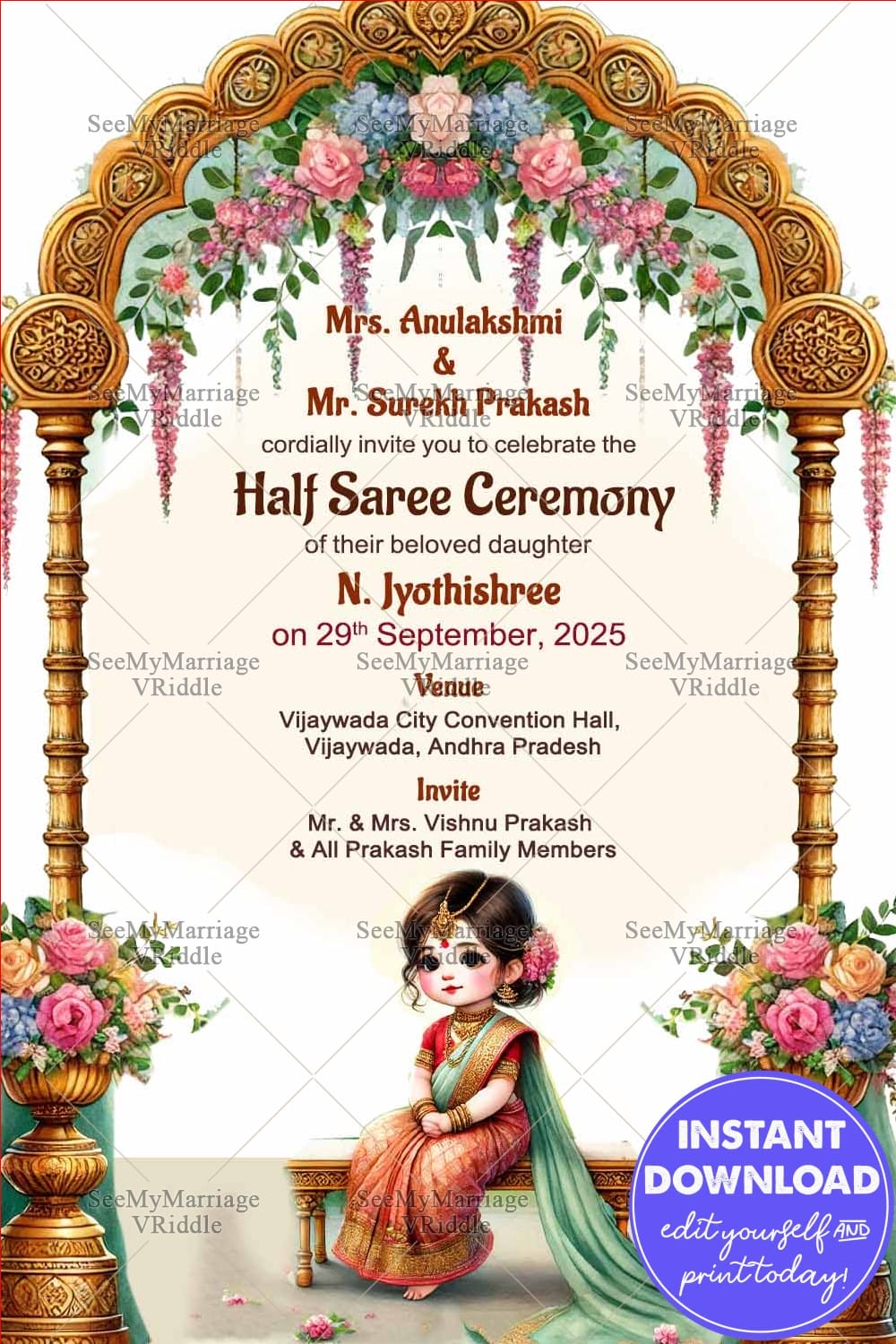 Graceful Half-Saree Invite Featuring Gold Pillars with Girl Illustration, Ornate Arch Design