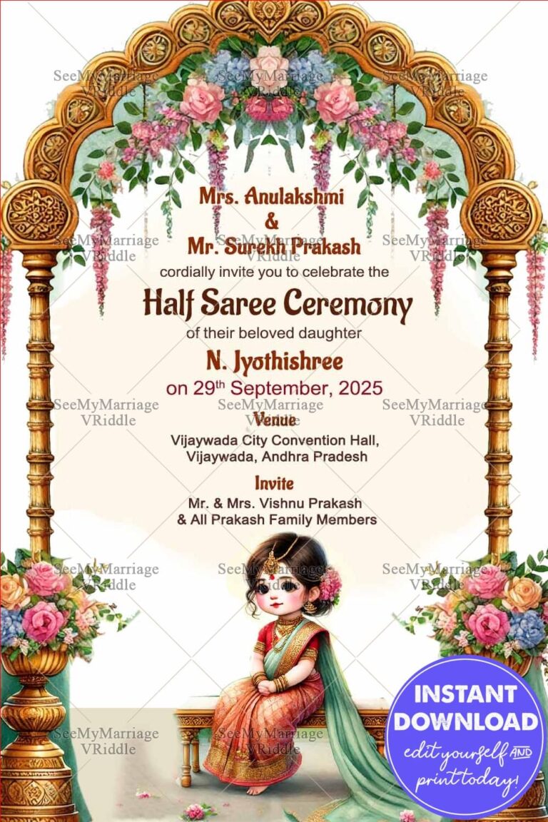Graceful Half-Saree Invite Featuring Gold Pillars with Girl Illustration, Ornate Arch Design