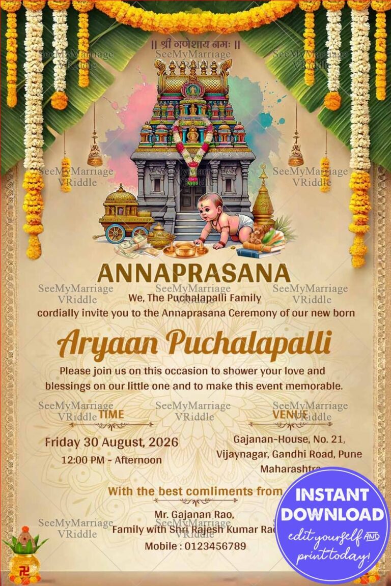 Temple Backdrop Annaprasana Ceremony Invitation With  Featuring Marigold Decor