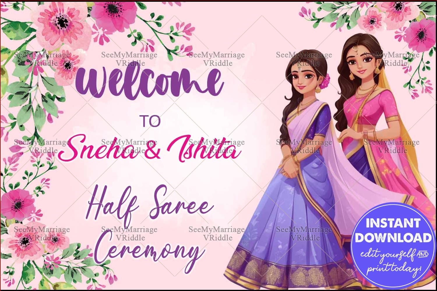 Floral Pink Half Saree Ceremony Welcome Banner Featuring Illustrated Sisters in Traditional Attire
