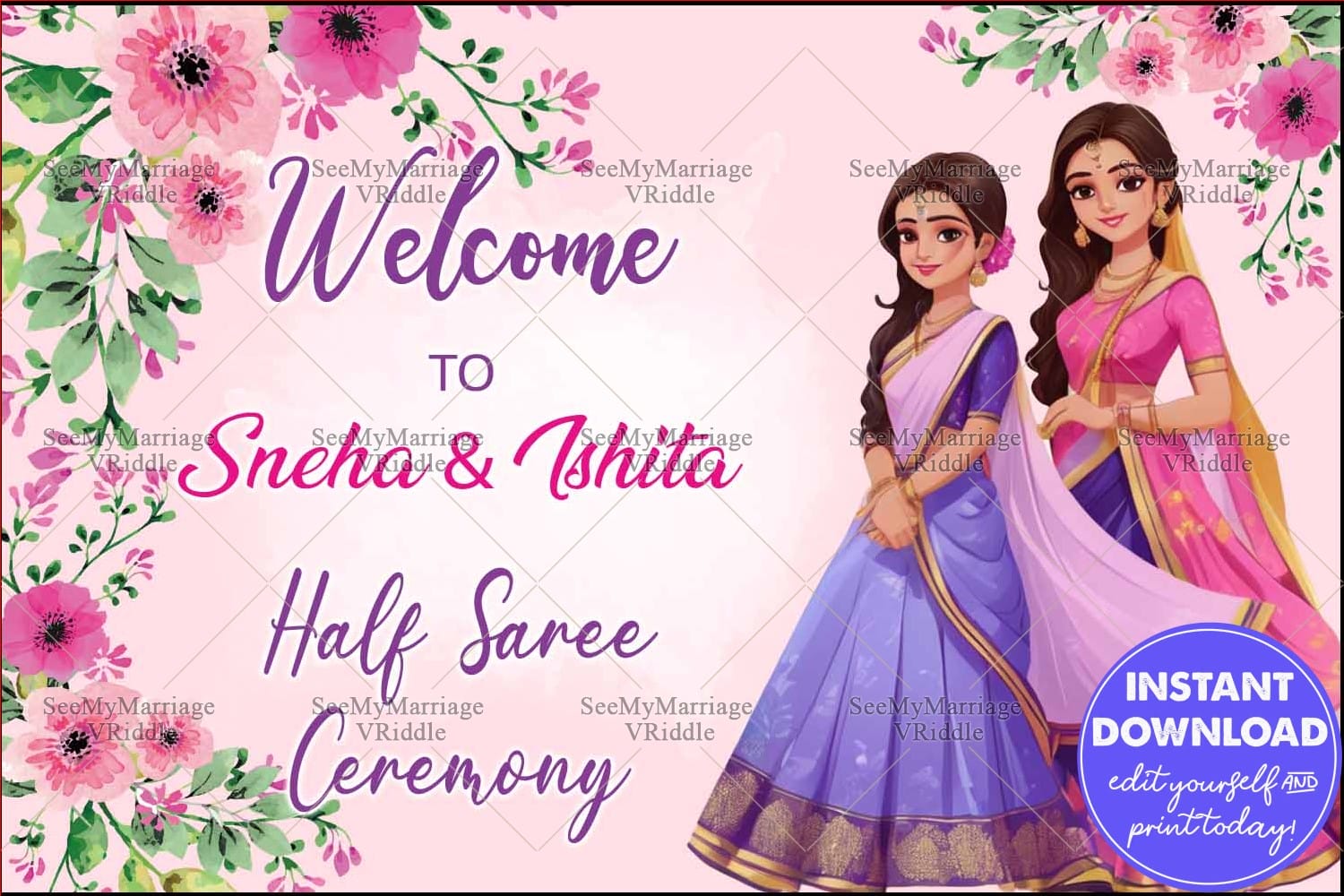 Floral Pink Half Saree Ceremony Welcome Banner Featuring Illustrated Sisters in Traditional Attire