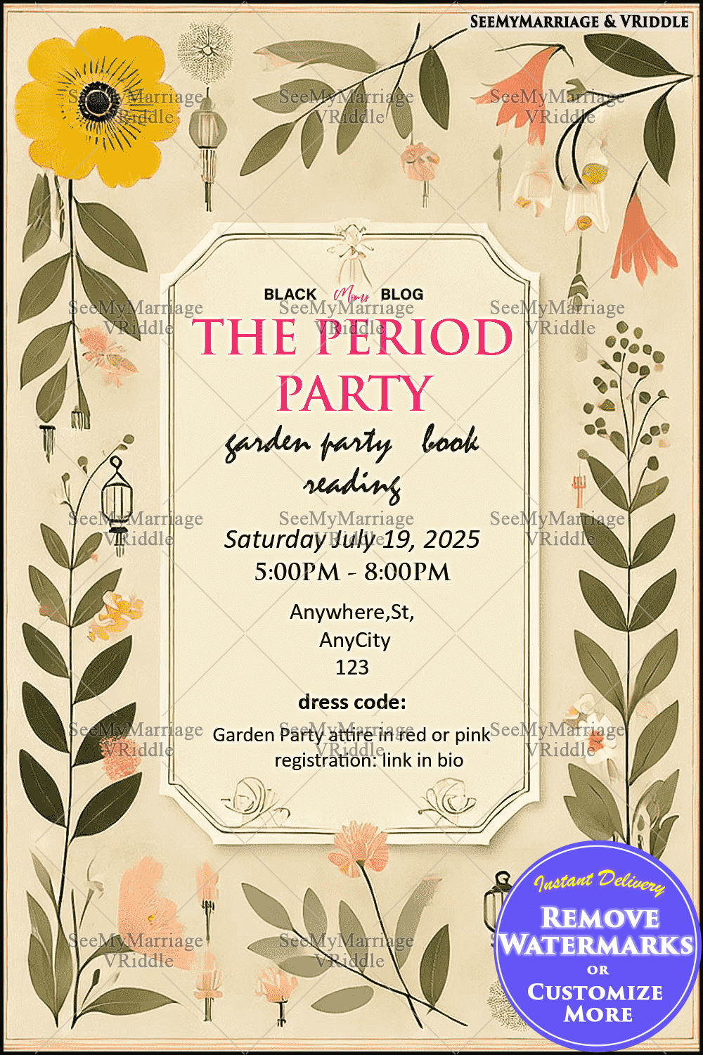 Floral Garden Party Period Celebration Invitation with Pink Accents, Flower and Leaves Illustrations