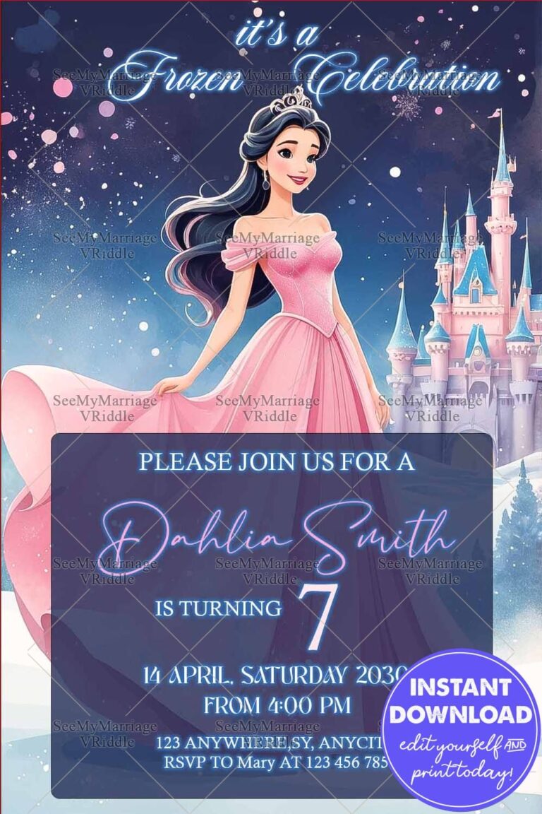 Frozen-Themed 7th Birthday Invitation with Princess Illustration and Magical Snowy Castle Background