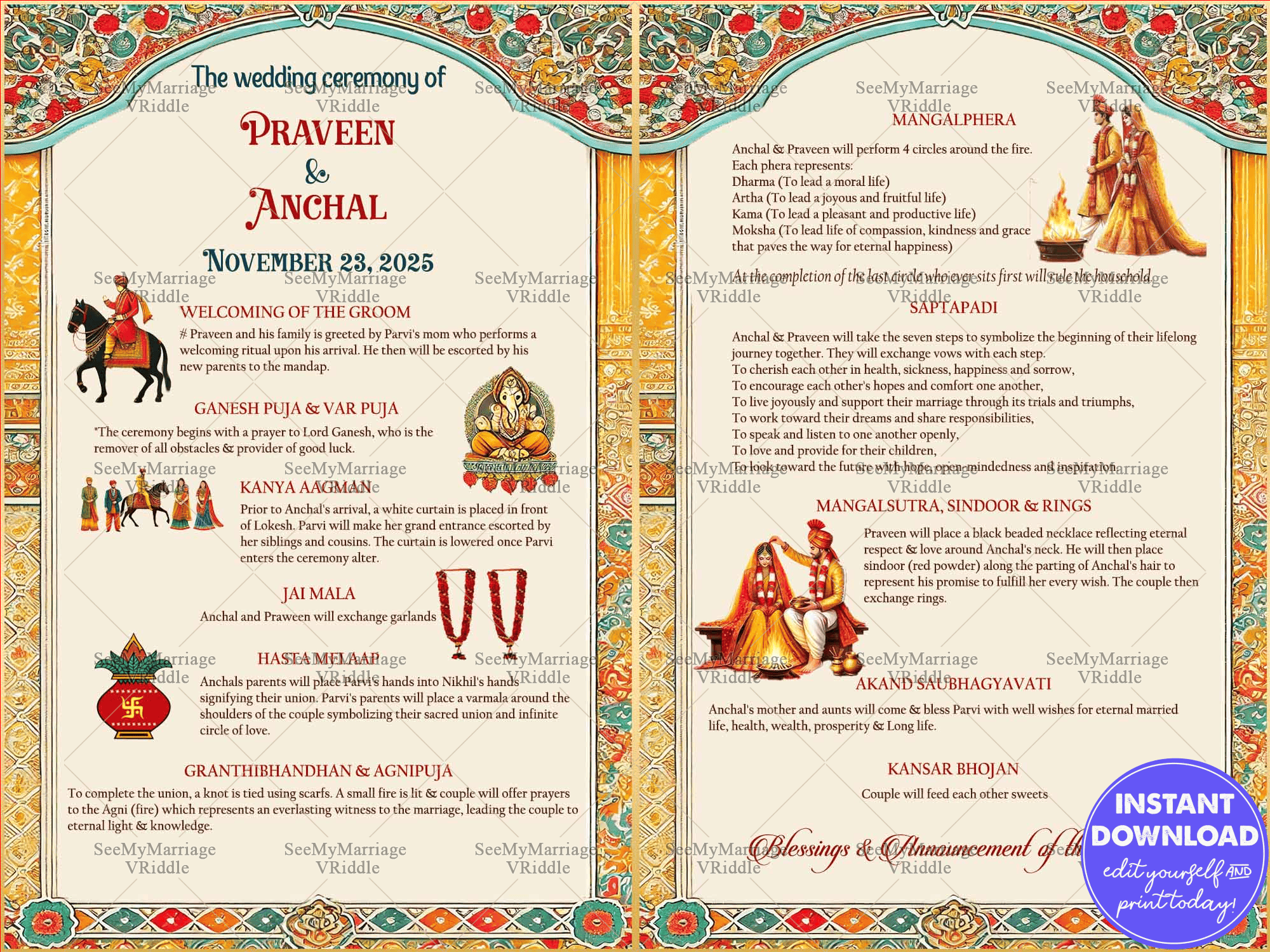 Traditional Hindu Wedding Ceremony Details with Cultural Rituals and Vibrant Illustrations