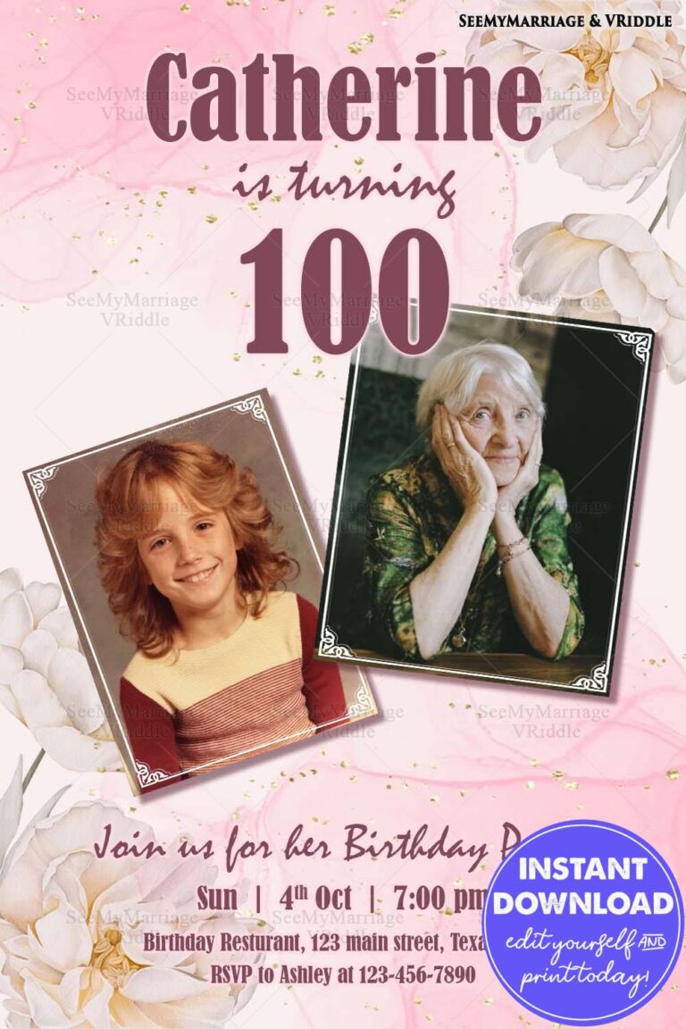 100th Birthday Invitation with Nostalgic Photos and Floral Pink Design for a Memorable Celebration