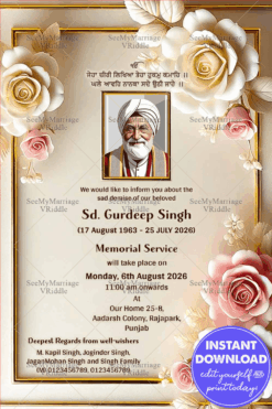 3D Floral-Themed Memorial Card with Subtle Gold Detailing, Soft Tones, and a Central Portrait Illustration