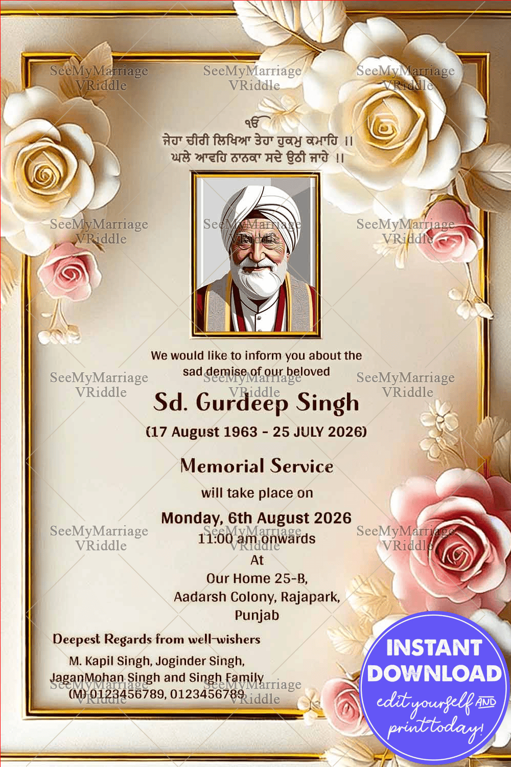3D Floral-Themed Memorial Card with Subtle Gold Detailing, Soft Tones, and a Central Portrait Illustration