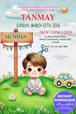 Adorable Mundan Ceremony Invitation with Cartoon Boy Illustration, Green Lawn, and Playful Design Elements