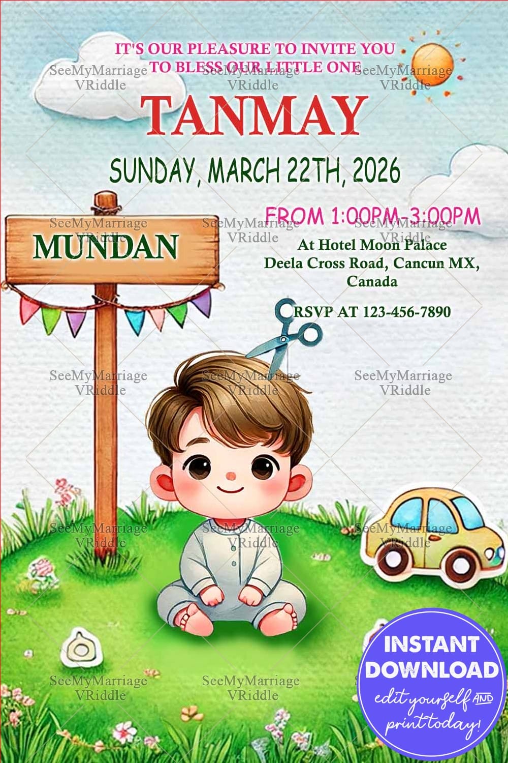Adorable Mundan Ceremony Invitation with Cartoon Boy Illustration, Green Lawn, and Playful Design Elements