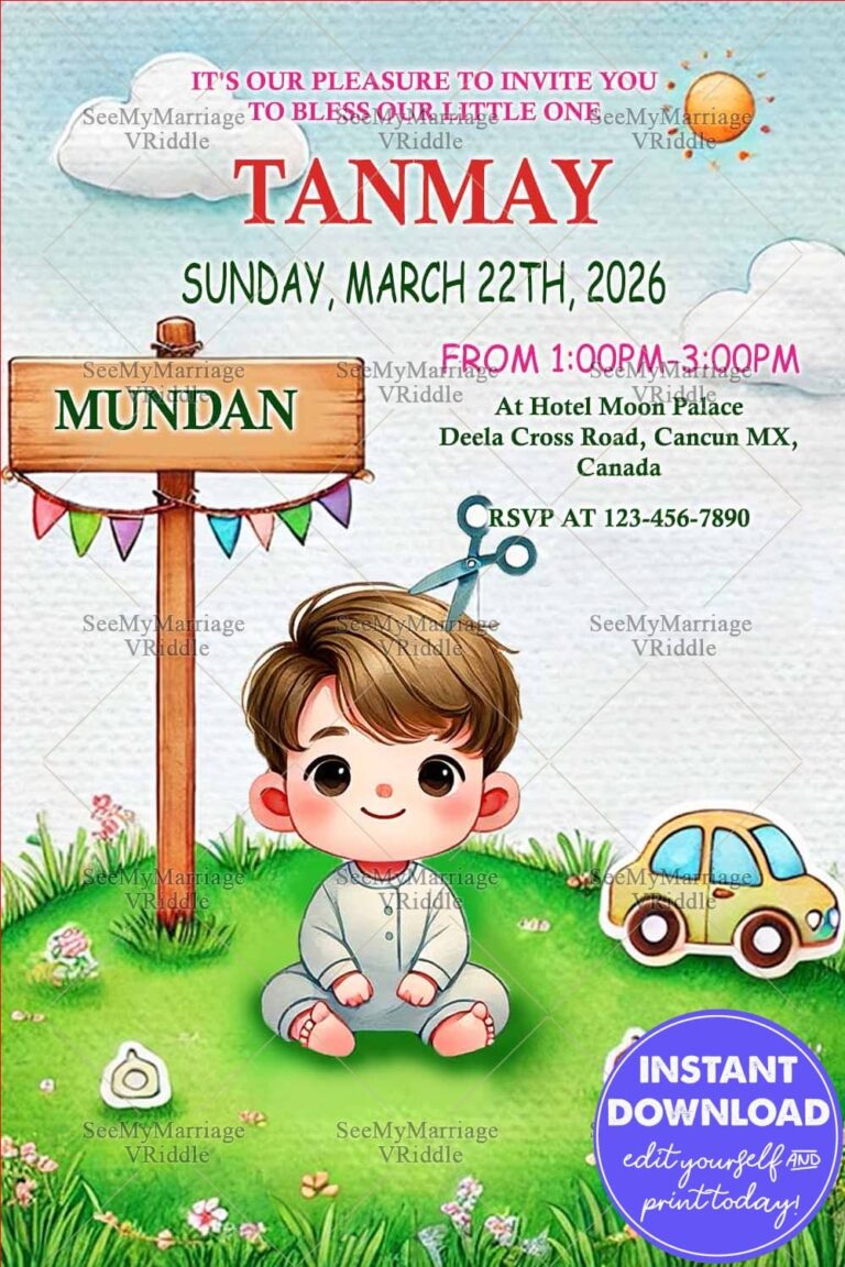 Adorable Mundan Ceremony Invitation with Cartoon Boy Illustration, Green Lawn, and Playful Design Elements