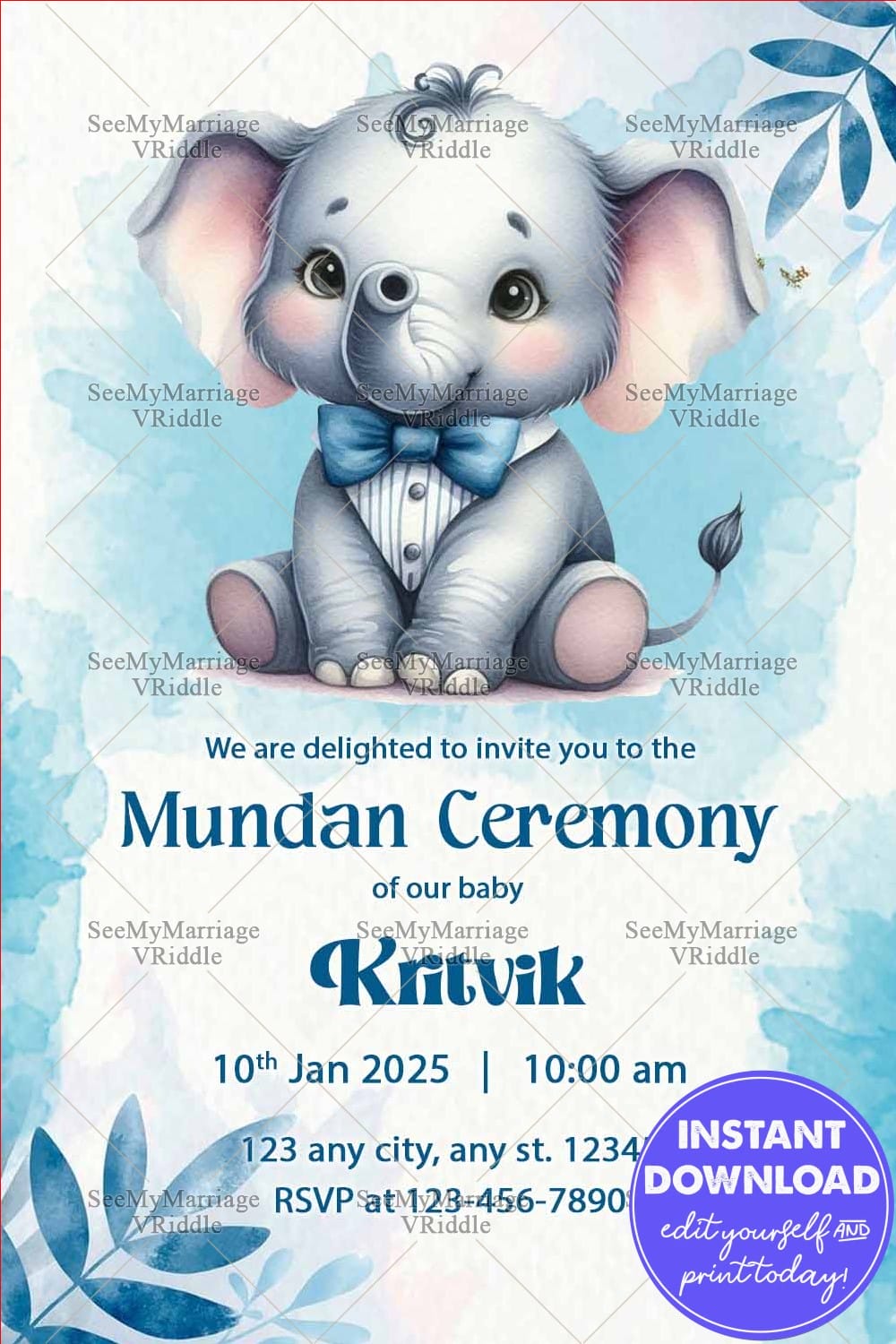 Adorable Mundan Ceremony Invitation with a Cute Elephant Illustration and Soft Blue Botanical Accents