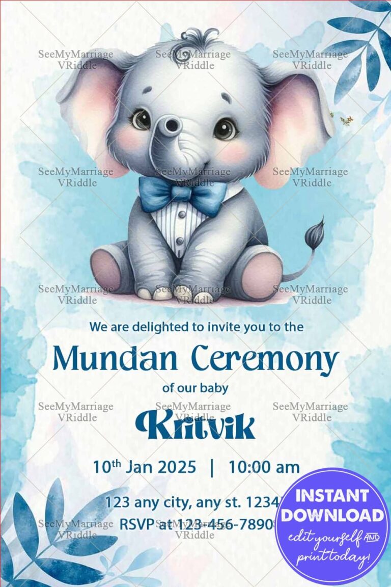 Adorable Mundan Ceremony Invitation with a Cute Elephant Illustration and Soft Blue Botanical Accents