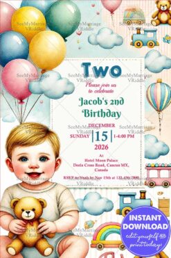 Adorable Toddler 2nd Birthday Invitation with Balloons, Teddy Bear, and a Cheerful Vintage Toy Design