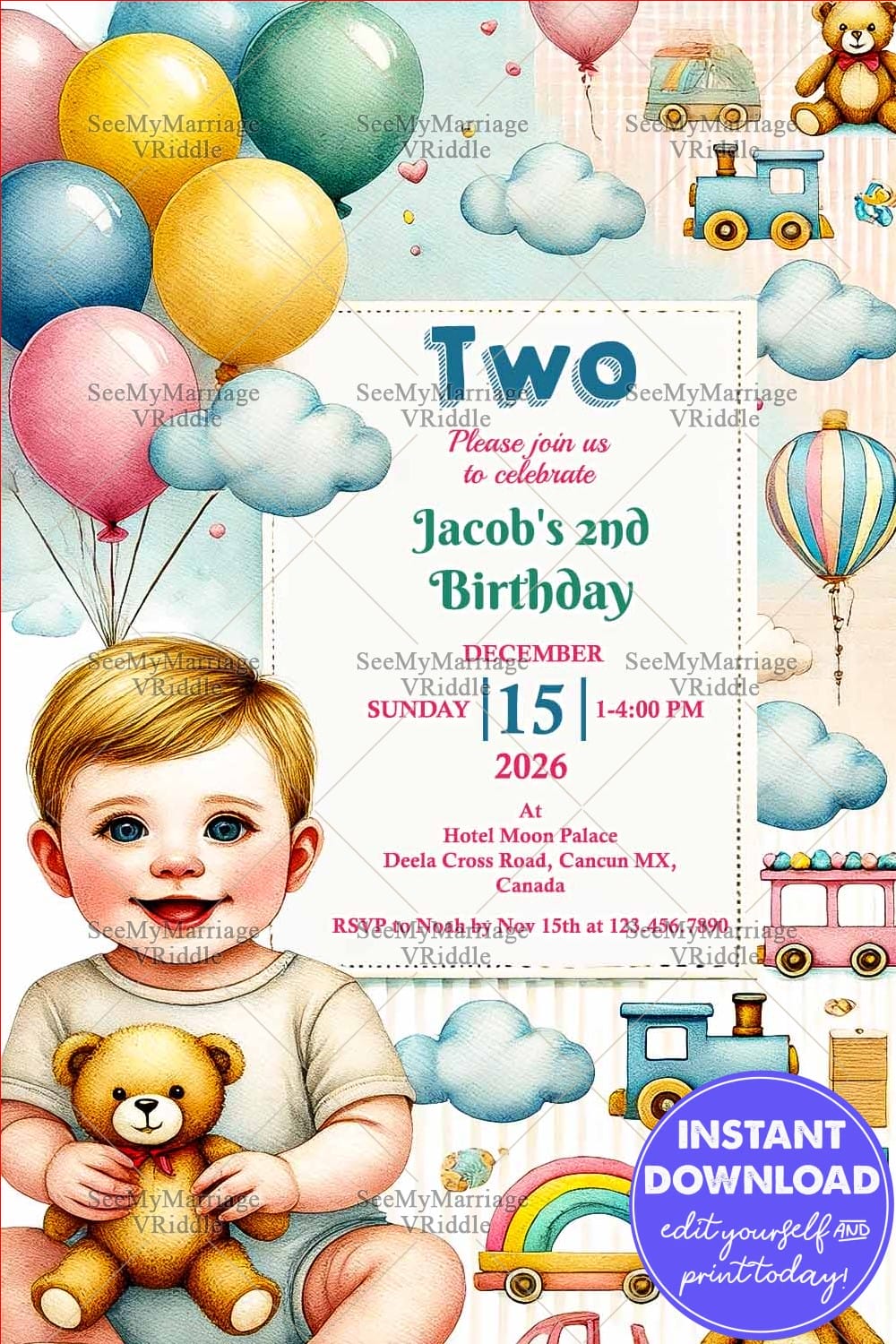 Adorable Toddler 2nd Birthday Invitation with Balloons, Teddy Bear, and a Cheerful Vintage Toy Design