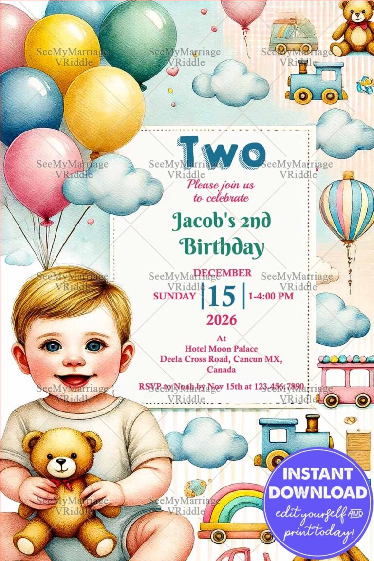 Adorable Toddler 2nd Birthday Invitation with Balloons, Teddy Bear, and a Cheerful Vintage Toy Design