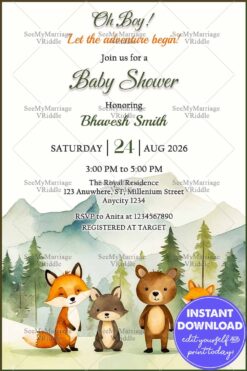 Adventure-Themed Baby Shower Invitation with Woodland Animals and Watercolor Forest Background