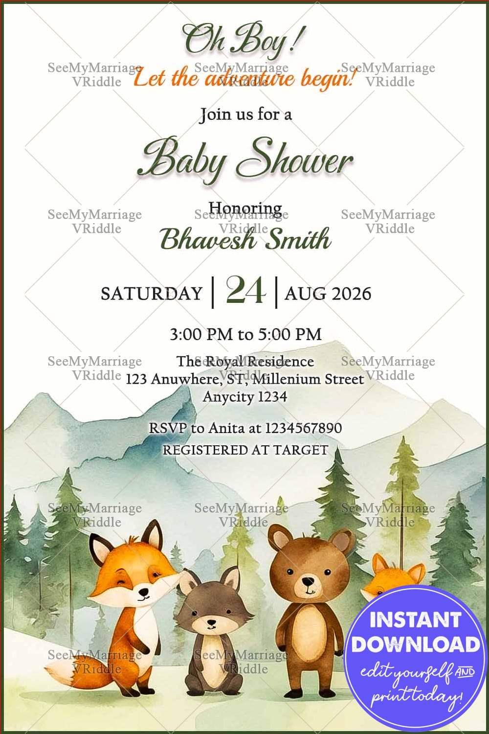 Adventure-Themed Baby Shower Invitation with Woodland Animals and Watercolor Forest Background