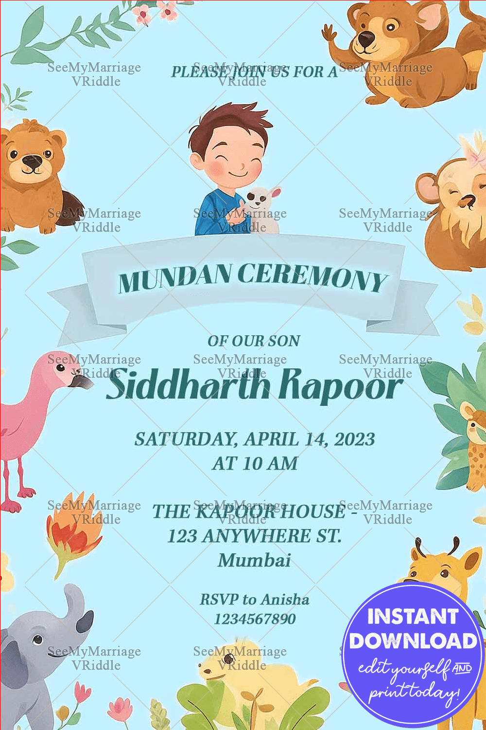 Animal-Themed Mundan Ceremony Invitation with Light Blue Background