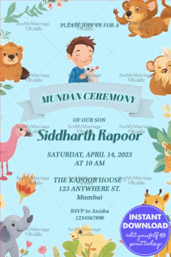 Animal-Themed Mundan Ceremony Invitation with Light Blue Background