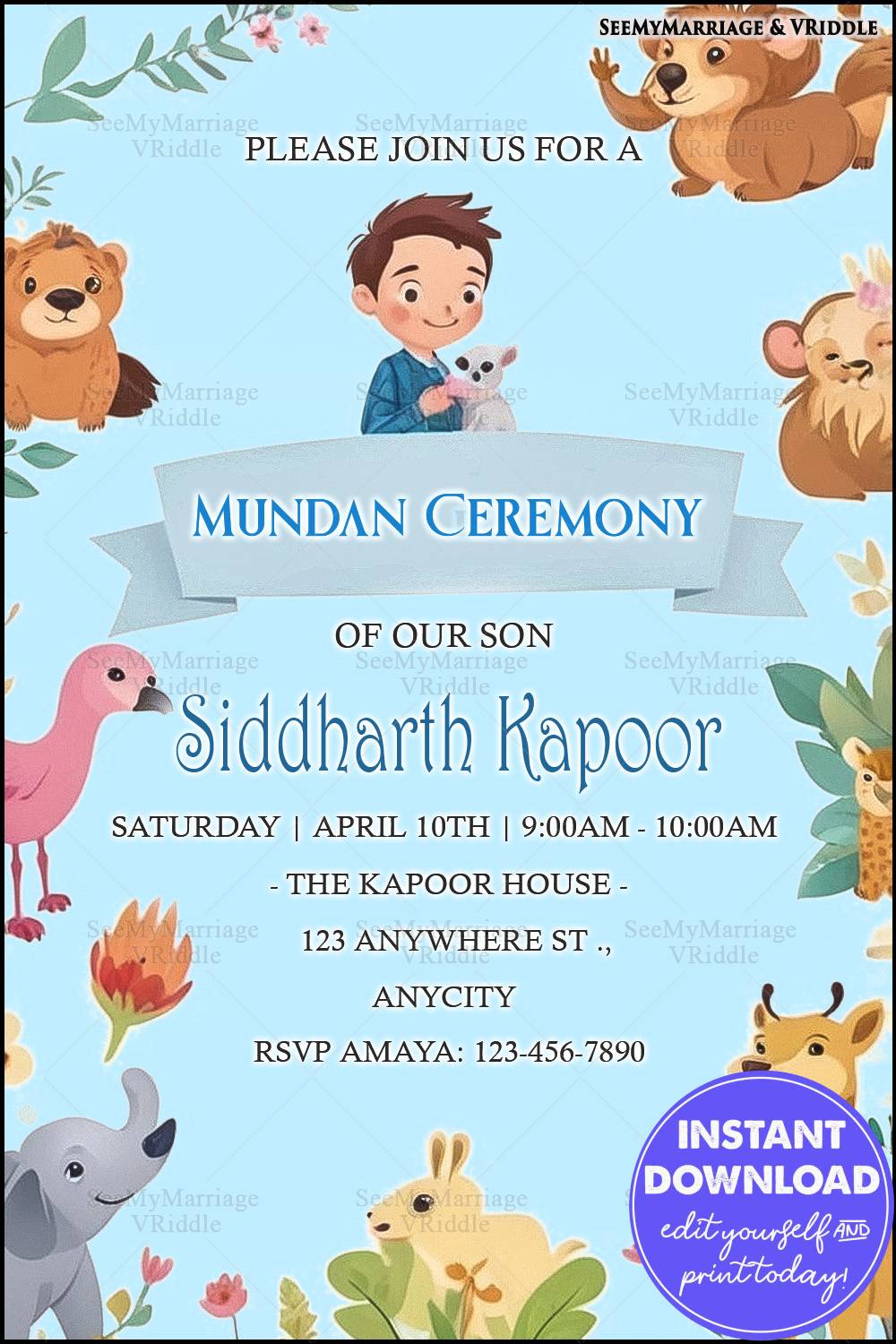 Animal-Themed Mundan Ceremony Invitation with Light Blue Background