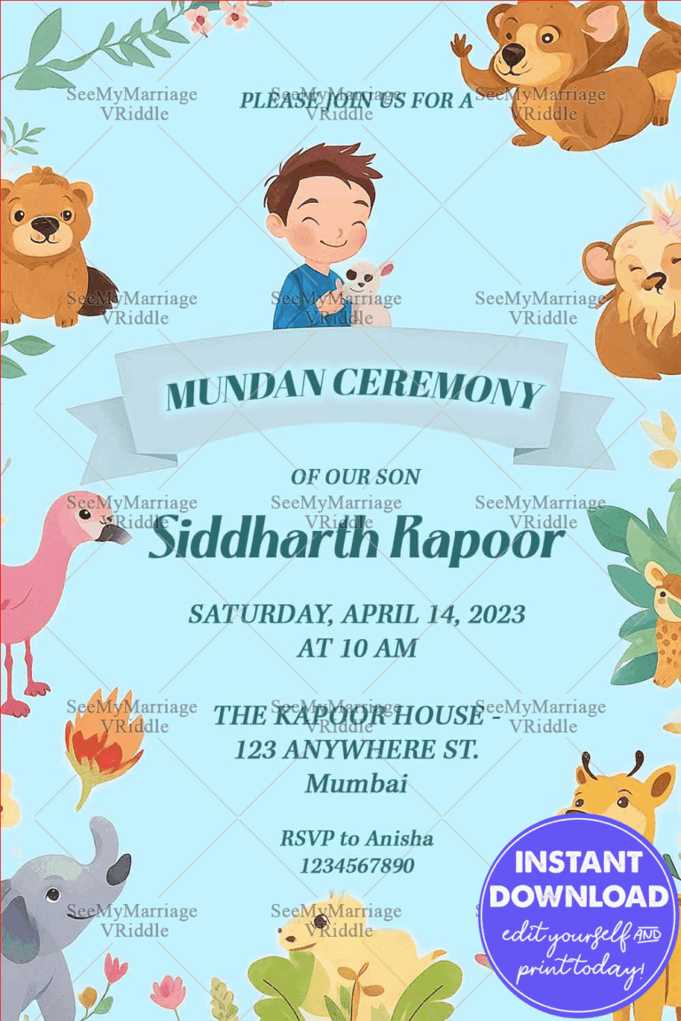 Animal-Themed Mundan Ceremony Invitation with Light Blue Background