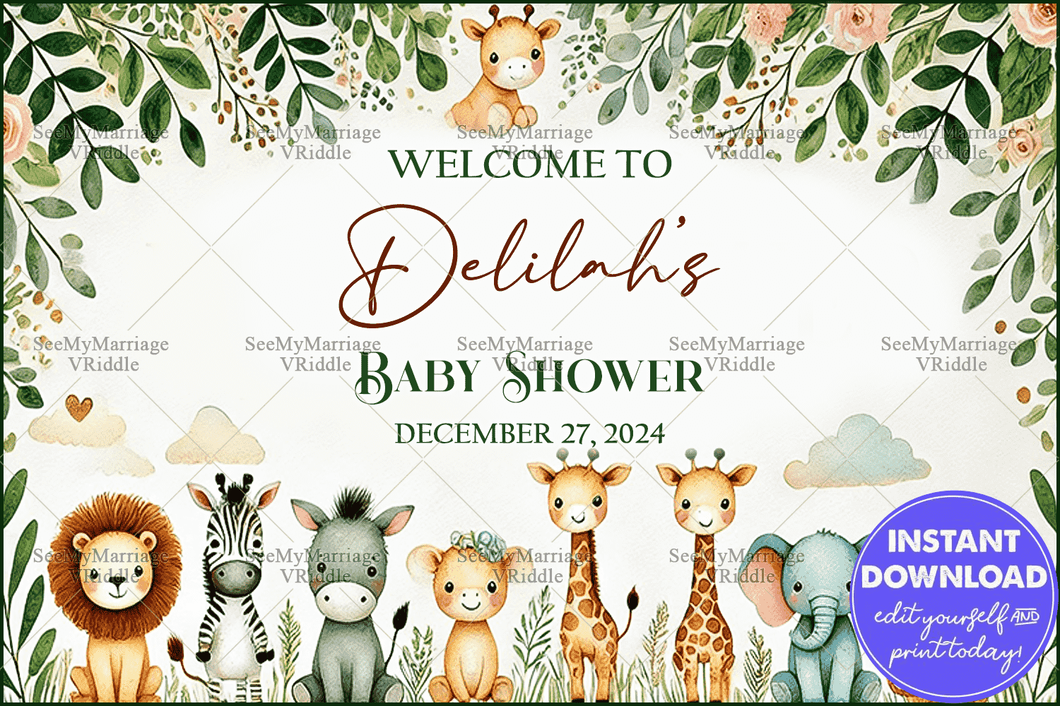 Animal-themed Baby Shower Welcome Banner with Greenery and Cute Animal Illustrations on a Soft White Background