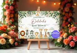 Animal-themed Baby Shower Welcome Banner with Greenery and Cute Animal Illustrations on a Soft White Background
