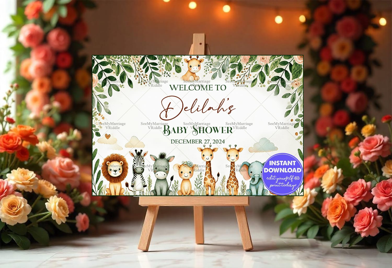 Animal-themed Baby Shower Welcome Banner with Greenery and Cute Animal Illustrations on a Soft White Background Mockup