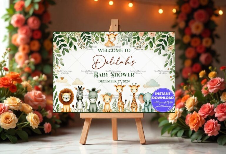 Animal-themed Baby Shower Welcome Banner with Greenery and Cute Animal Illustrations on a Soft White Background