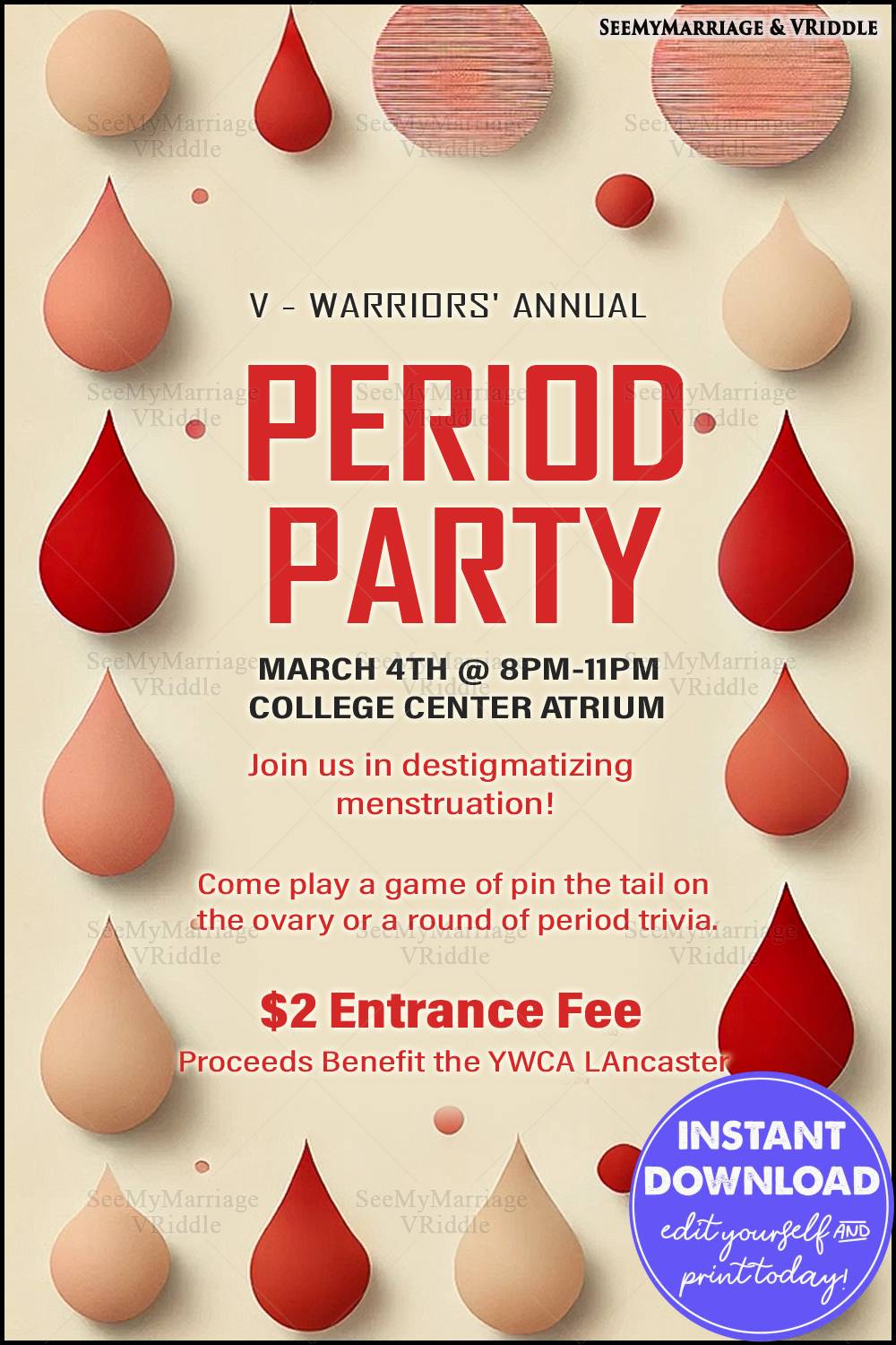 Annual Period Party Invitation with Beige and Red Theme and Menstrual Awareness and Blood Drop Design