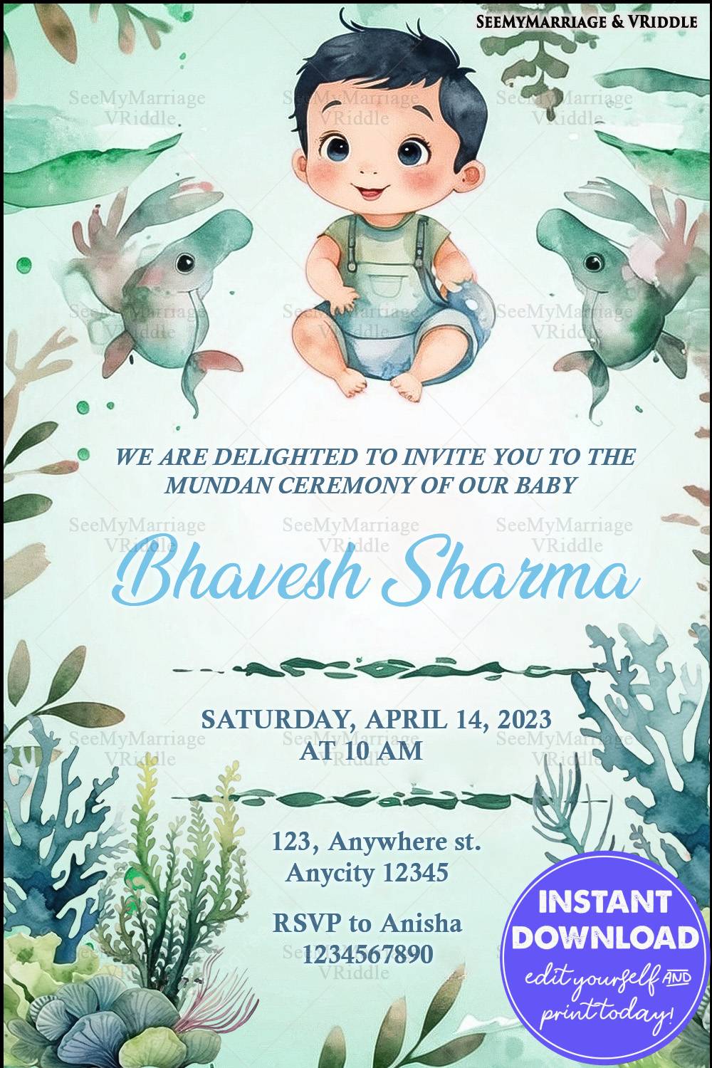 Aquatic-Themed Mundan Ceremony with Baby Illustration and Pastel Green Background